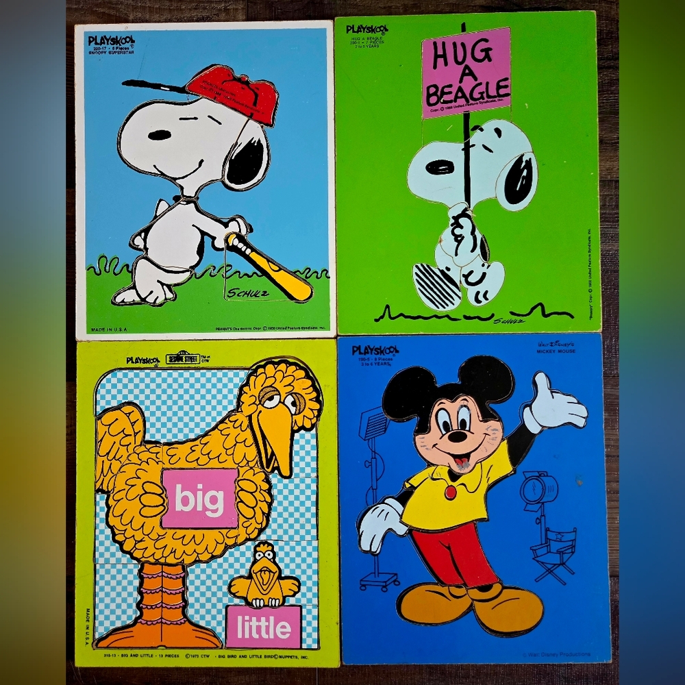 Vintage Playskool Wooden Puzzle Lot Snoopy Big Bird Mickey Mouse Peanuts
